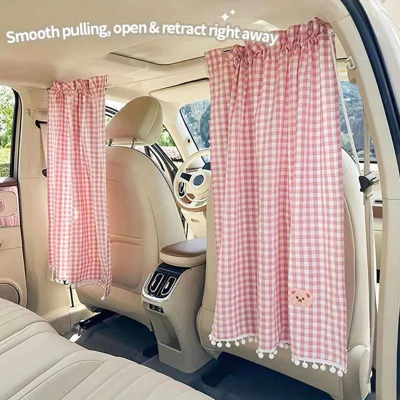 A Set of Car Interior Partition Curtains - Checkered Car Partition Curtains, Sunshade Car Curtains, Cute Bear Design Retractable