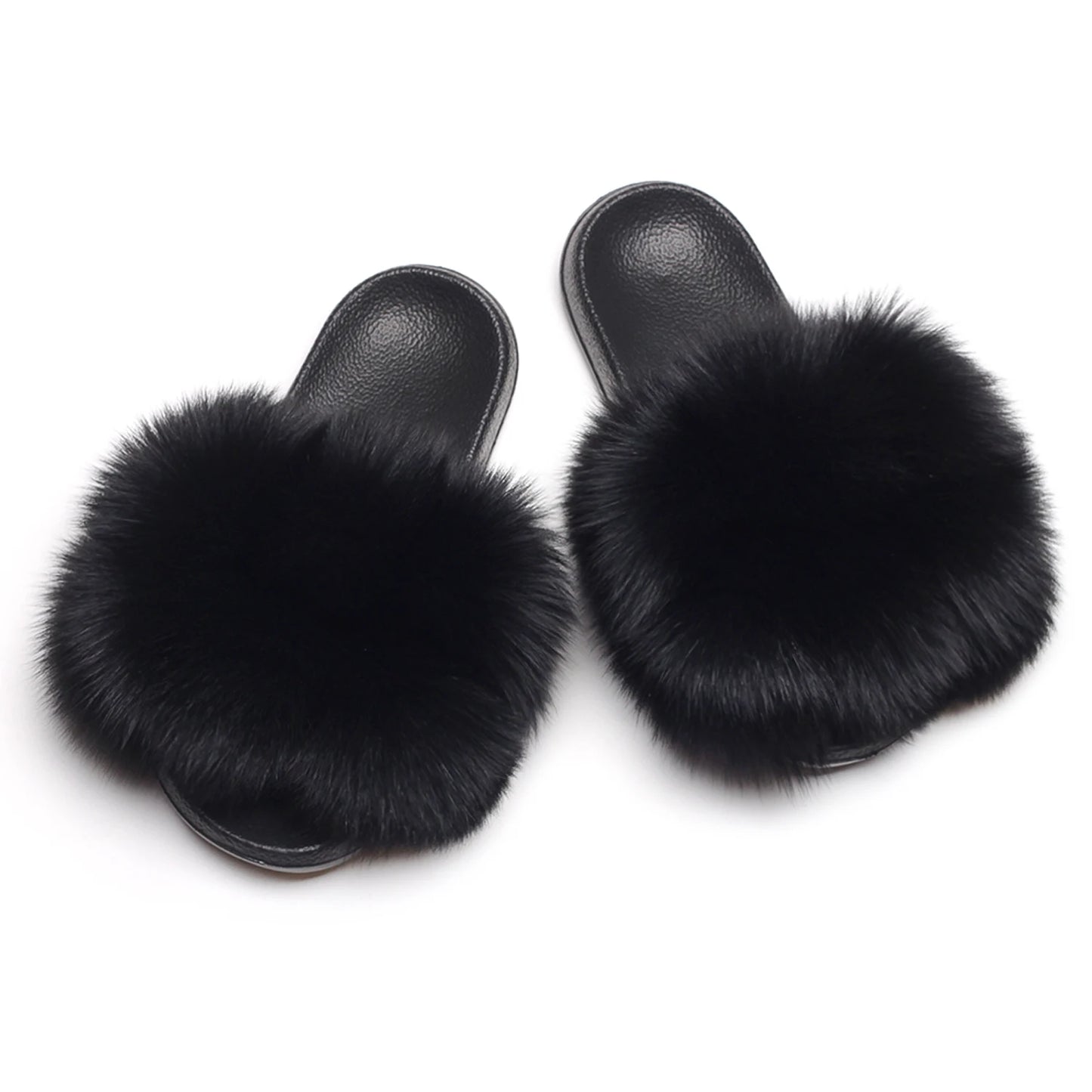 Women's Real Fox Raccoon Fur Slippers - Fluffy Pom Pom Slides Beach Sandals
