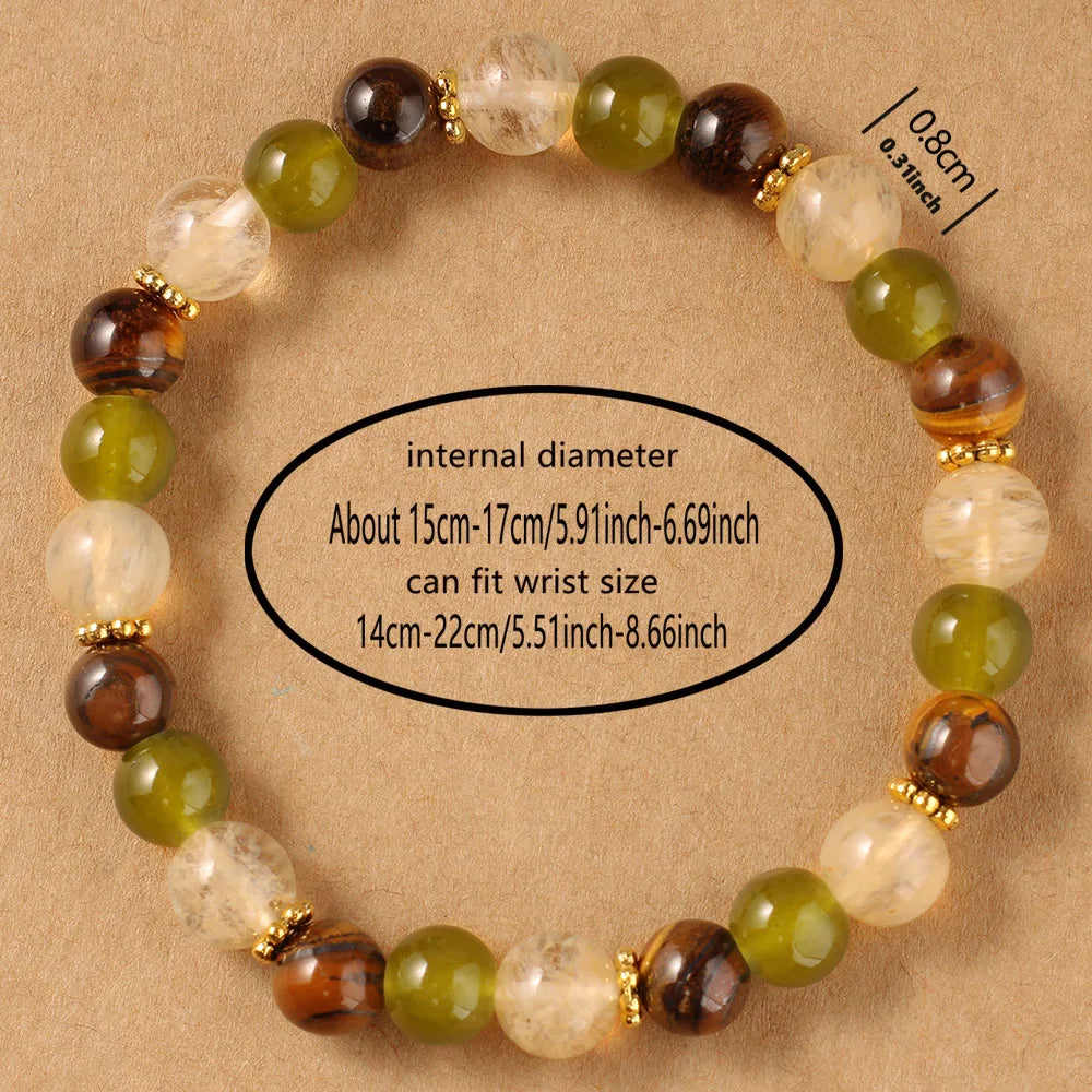 Tiger Eye, Citrine & Green Jade Natural Stone Beaded Bracelet with Gold Spacers