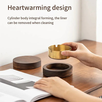 Stainless Steel & Walnut Wood Desktop Ashtray with Lid – Windproof