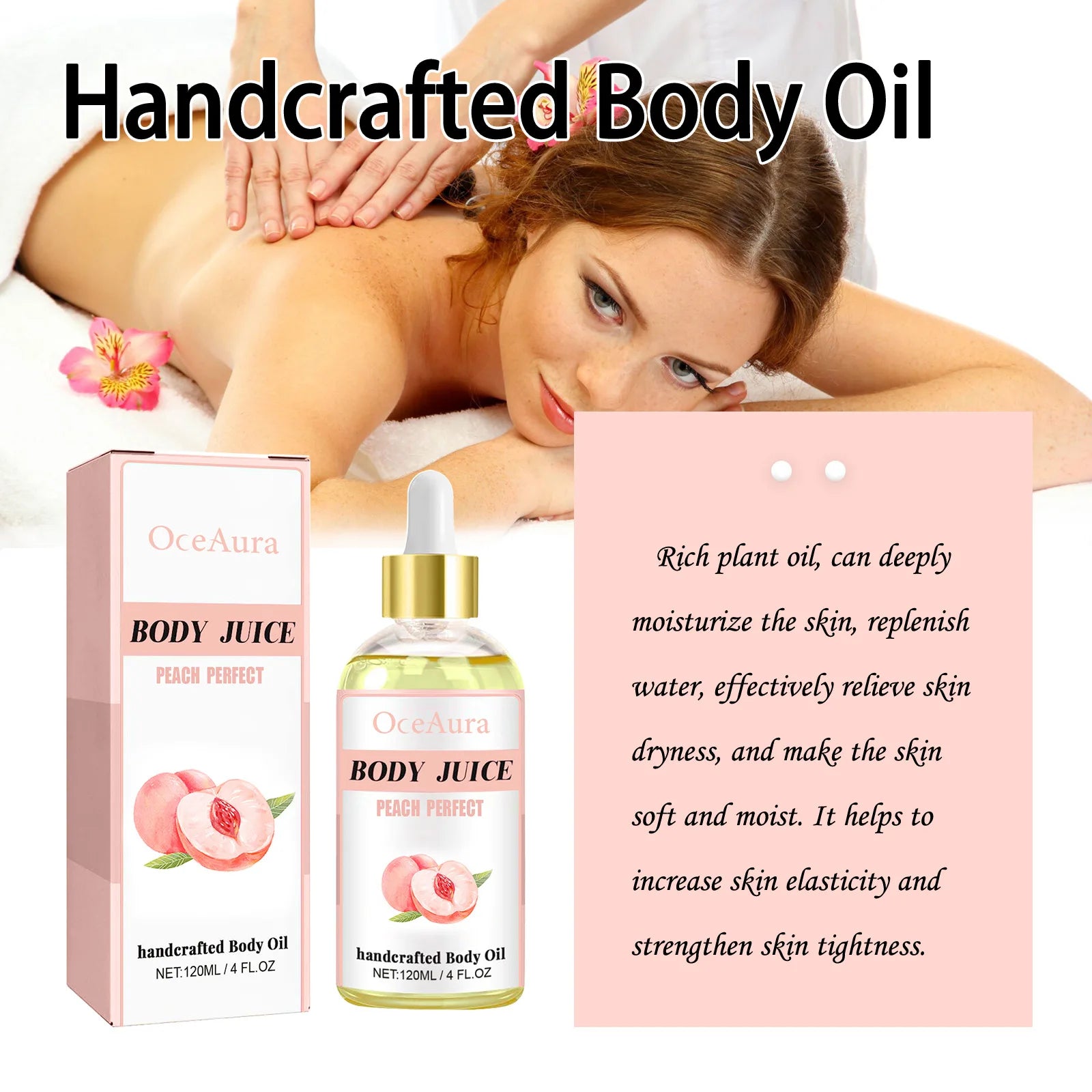 OceAura Peach Body Oil – 4 Oz Moisturizing & Tightening Massage Elixir - Shello's Creative Boutique
