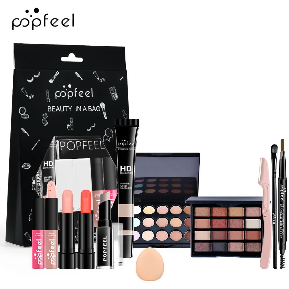 POPFEEL Makeup Full Kit Female Make Up Set Eye Shadow Eyeshadow Palette Lip Gloss Mascara Eyeliner Brushes Bag Make-up for Women - Shello's Creative Boutique