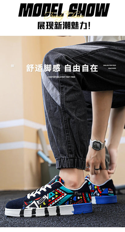 YRZL Men's Sports Running Shoes Canvas Geometric Style Lace-Up Sneakers Couples' Fashionable Graffiti Print Skate Shoes Men Shello's Creative Boutique