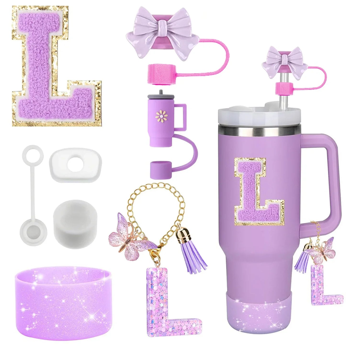 8PCS Accessories Set for Stanley Cup Purple 30oz 40oz tumbler Silicone Straw Topper Cover Cap Boot Handle Charm Initials Sticker - Shello's Creative Boutique