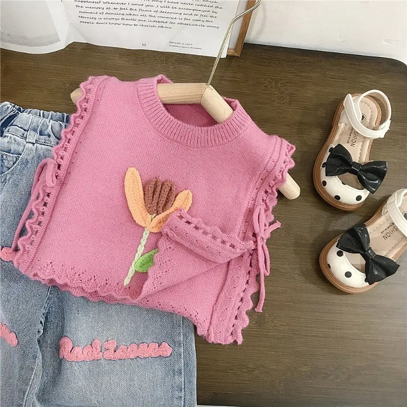 Girls’ Pink Knitted Waistcoat & Denim Jeans Set – Fashion Toddler Summer Outfit (Ages 2–7) Shello's Creative Boutique