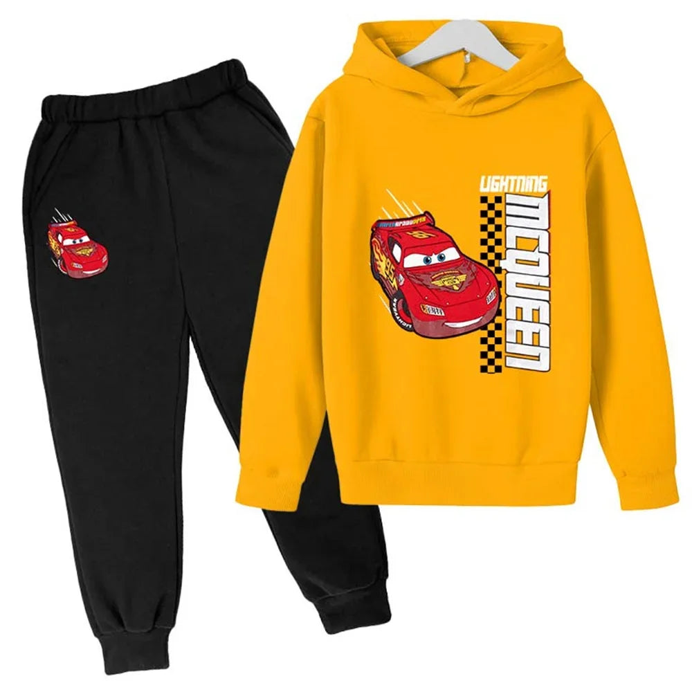 MINISO Kids' Lightning McQueen 2-Piece Tracksuit – Unisex Hooded Sweatshirt & Pants Set Shello's Creative Boutique