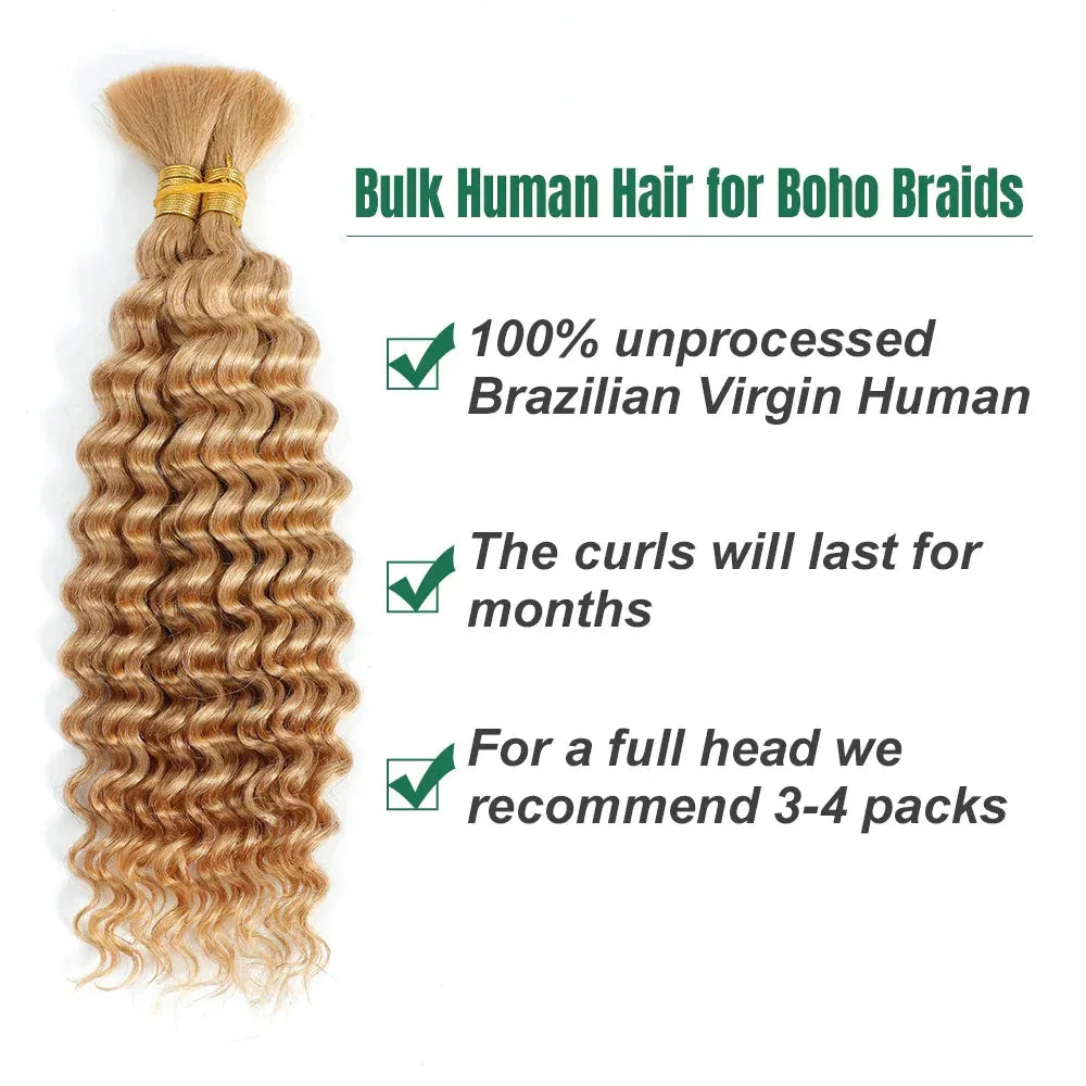 Blonde Highlight Bulk Braiding Hair - Deep Wave Curly Human Hair 100g for Boho Braids - Shello's Creative Boutique