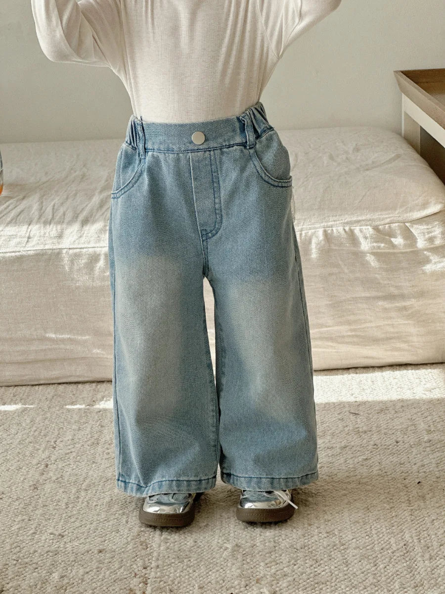 Girls Lace Straight Leg Jeans 2025 Spring Children Clothing Pants Children Korean Wide Leg Denim Pants Shello's Creative Boutique