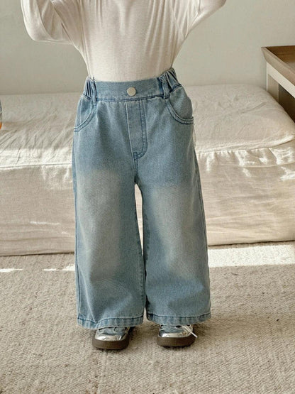 Girls’ Lace Straight-Leg Jeans – Spring 2025 Korean-Inspired Wide-Leg Denim - Shello's Creative Boutique