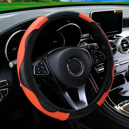PU Carbon Fiber Leather Car Steering Wheel Cover - 14.5-15 Inches