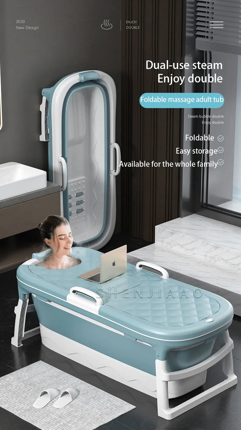 Foldable Adult Bath Barrel – Thickened Plastic Sitting Bathtub with Foot Massage & Lid