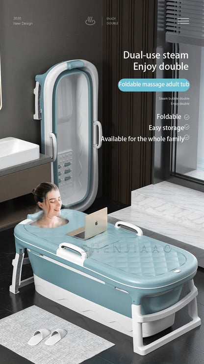 Foldable Adult Bath Barrel – Thickened Plastic Sitting Bathtub with Foot Massage & Lid