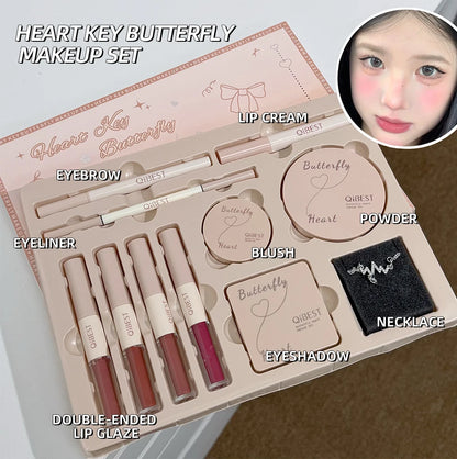 Makeup Gift Box Butterfly Bow Heart Limited Lipstick Powder Blush Eyeshadow Makeup Gift Box Set and Necklace Gifts for Women - Shello's Creative Boutique