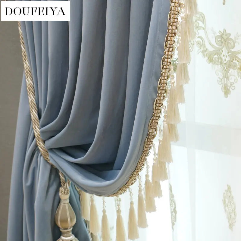 Modern European Luxury Curtains - Blue Velvet Spliced Tassel with Embroidered Tulle