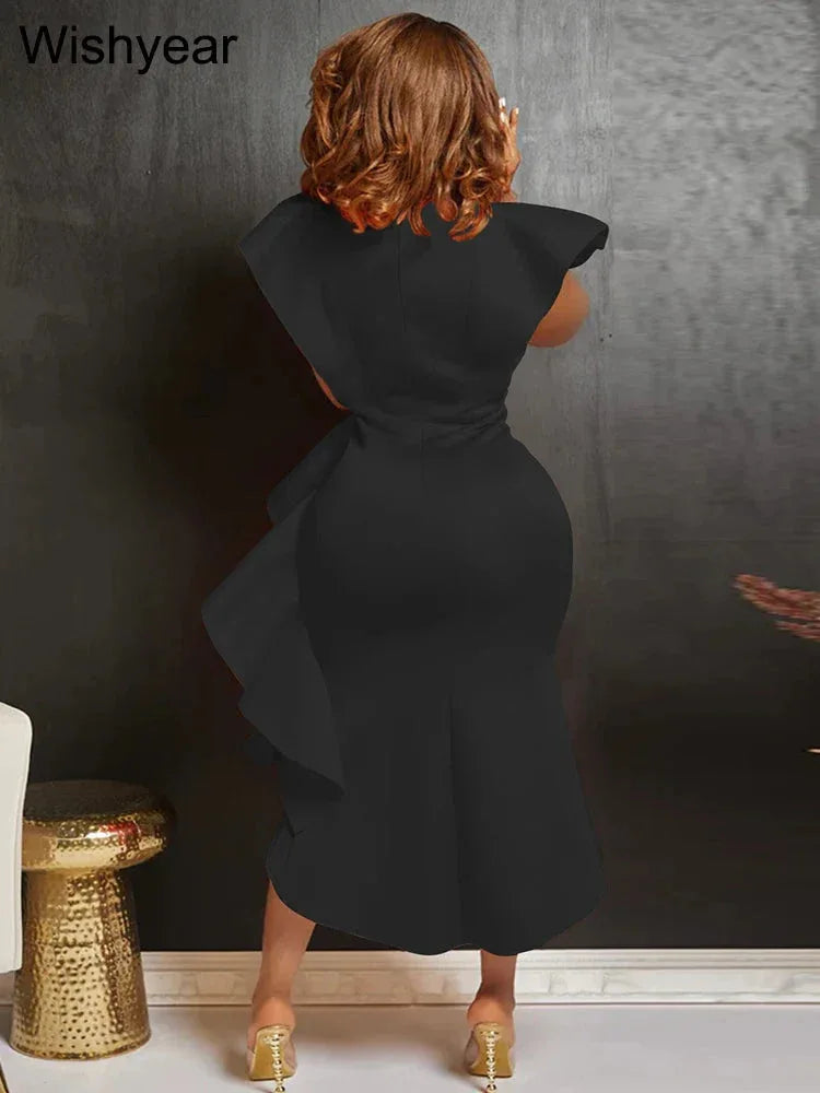 Flare Sleeve Bodycon Midi Dress - High Side Split with Ruffle Detail for Evening & Party - Shello's Creative Boutique