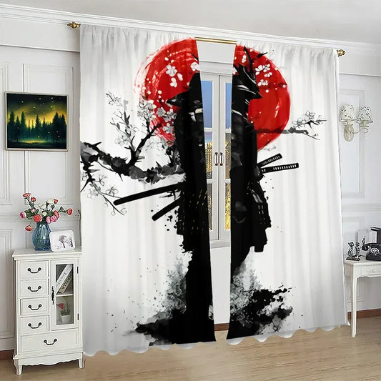 Samurai Print Curtains - Japanese Style Polyester Drapes (2 Pack) - Shello's Creative Boutique