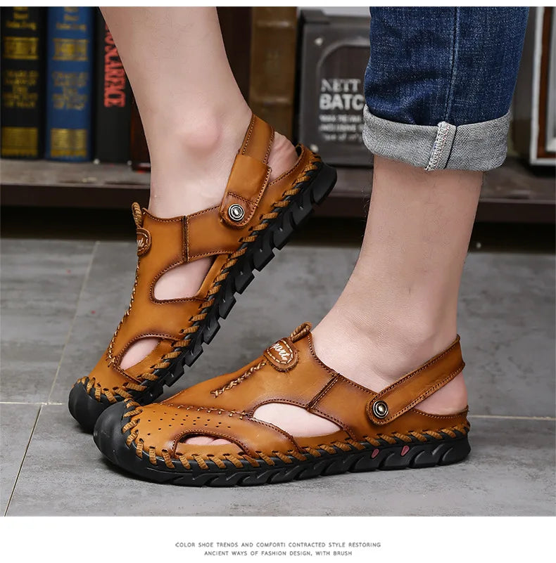 Men's Genuine Leather Sandals - Breathable Beach & Sports Sandals