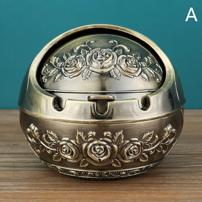 Retro Metal Ashtray With Lid – Anti-Fly Ash Windproof Covered Ashtray for Home & Desk