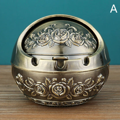 Retro Metal Ashtray With Lid – Anti-Fly Ash Windproof Covered Ashtray for Home & Desk