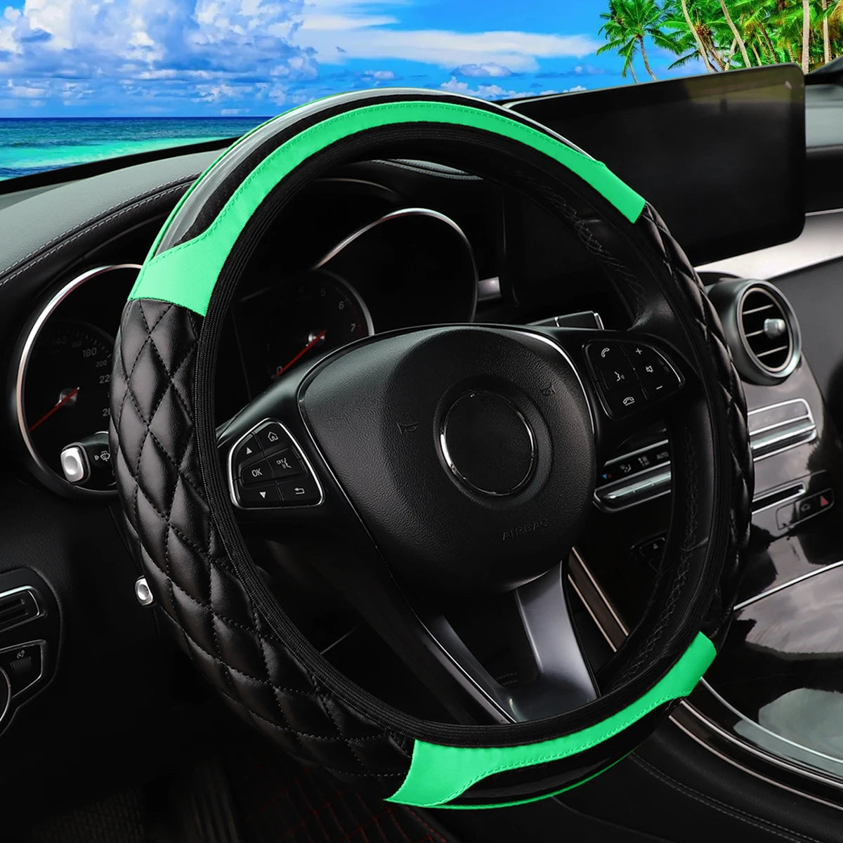 Crystal Carbon Fiber Steering Wheel Cover - Embroidered Leather (14.5-15 inch)