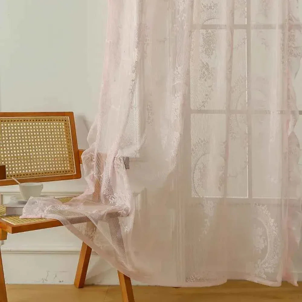 French Lace Sheer Curtains - Romantic Ruffled Floral Embroidery (2 Panels) - Shello's Creative Boutique