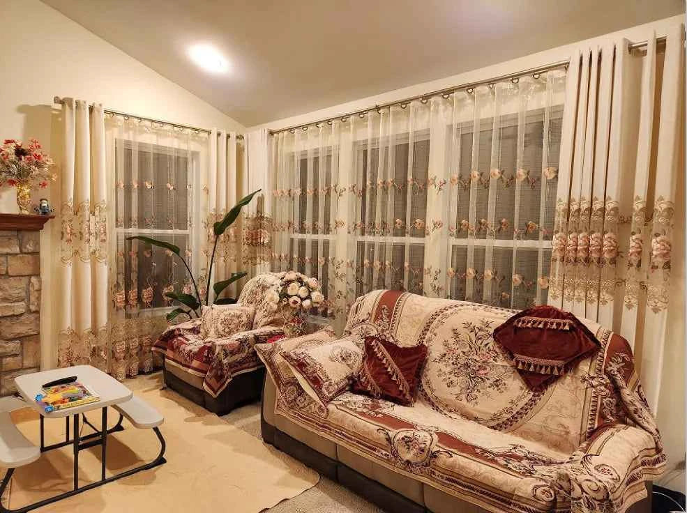 European Luxury Velvet Curtains - Embroidered Floral Tulle Blackout Drapes for Living Room