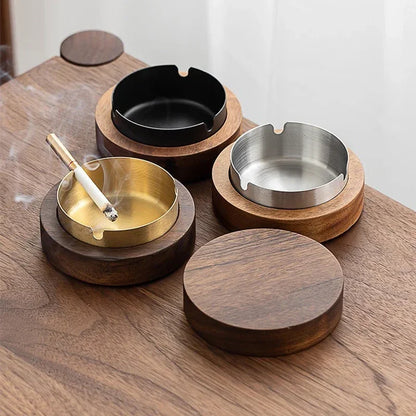 Stainless Steel & Walnut Wood Desktop Ashtray with Lid – Windproof