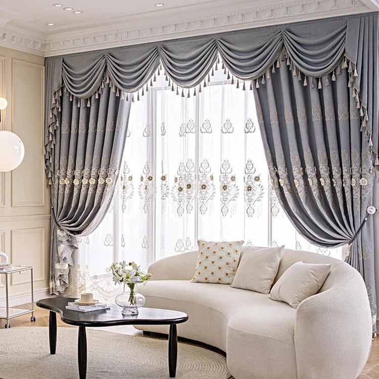 European Modern Blackout Curtains - Luxury Embroidered Tulle Villa Valance for Living Room & Bedroom