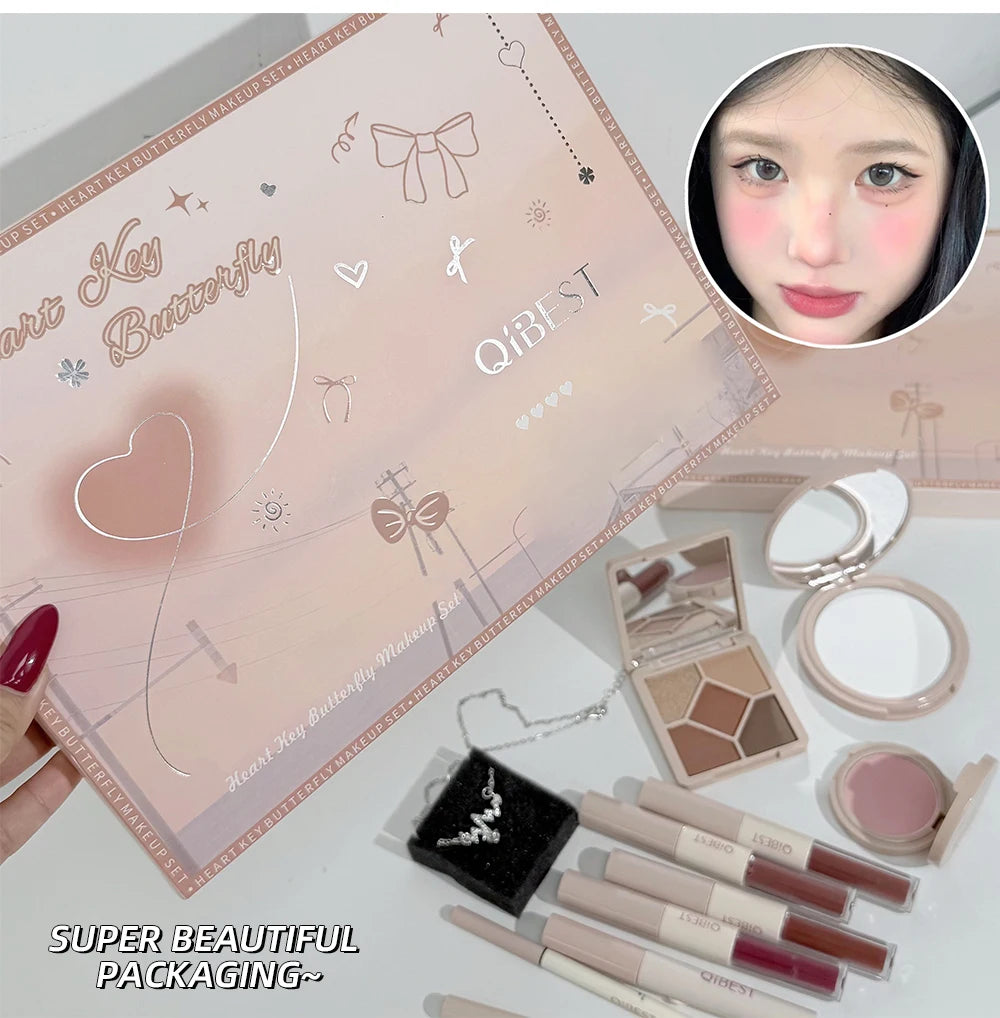 Makeup Gift Box Butterfly Bow Heart Limited Lipstick Powder Blush Eyeshadow Makeup Gift Box Set and Necklace Gifts for Women - Shello's Creative Boutique