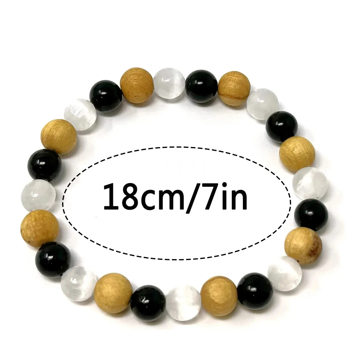 8mm Black Tourmaline, Selenite & Palo Santo Wood Beaded Bracelet