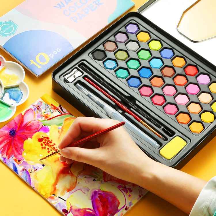 36 in 1 Solid Watercolor Paint Portable Tin Box Beginner Hand-painted Painting Tool Set