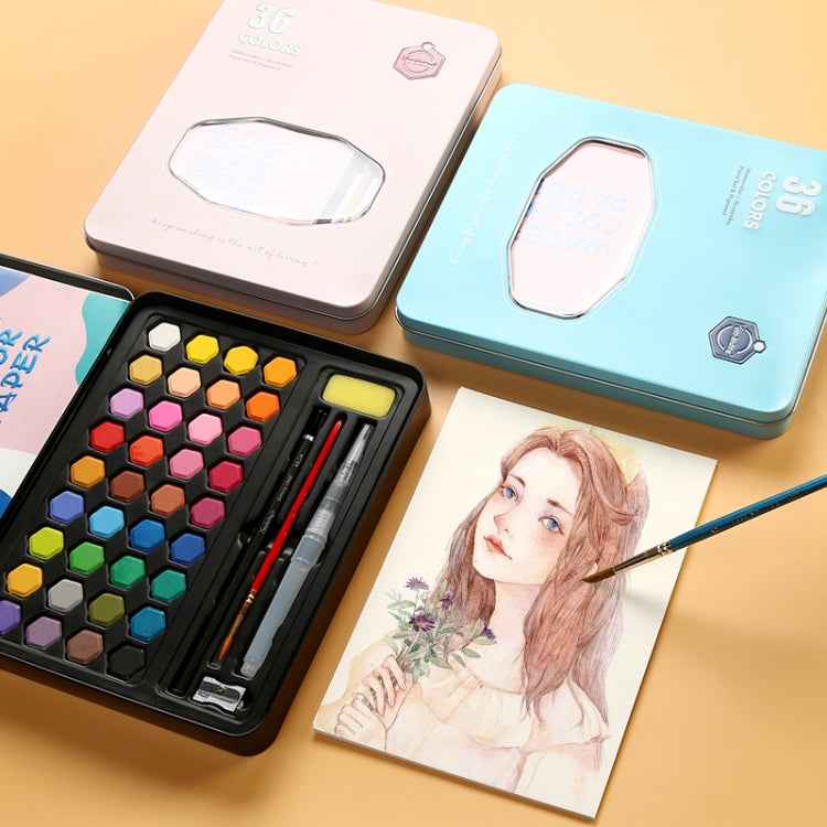 36 in 1 Solid Watercolor Paint Portable Tin Box Beginner Hand-painted Painting Tool Set