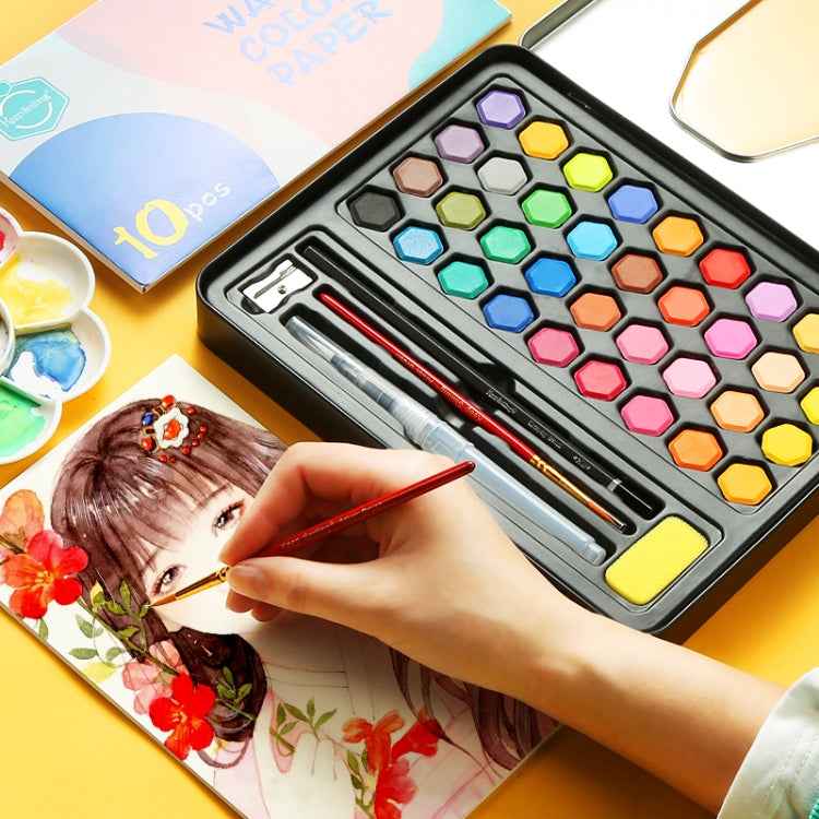 36 in 1 Solid Watercolor Paint Portable Tin Box Beginner Hand-painted Painting Tool Set