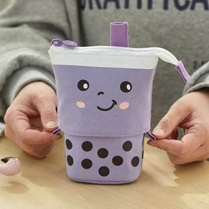 ANGOO Cute Girl Heart Multifunctional Pen Holder Stationery Retractable Storage Bag, Taro Milk Tea, Peach Milk Tea, Blue Silk Velvet Tea, Coffee Milk Tea, Mango Tea, Pink Wave Point, Gray Wave Point, Blue Point, Black Point, Pink (Canvas + PU)         ...