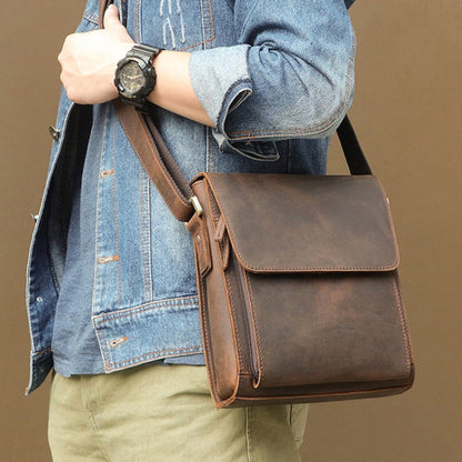 Vintage Crazy Horse Leather Men Shoulder Bag Messenger Bag, Black, Brown, Dark Brown - Shello's Creative Boutique