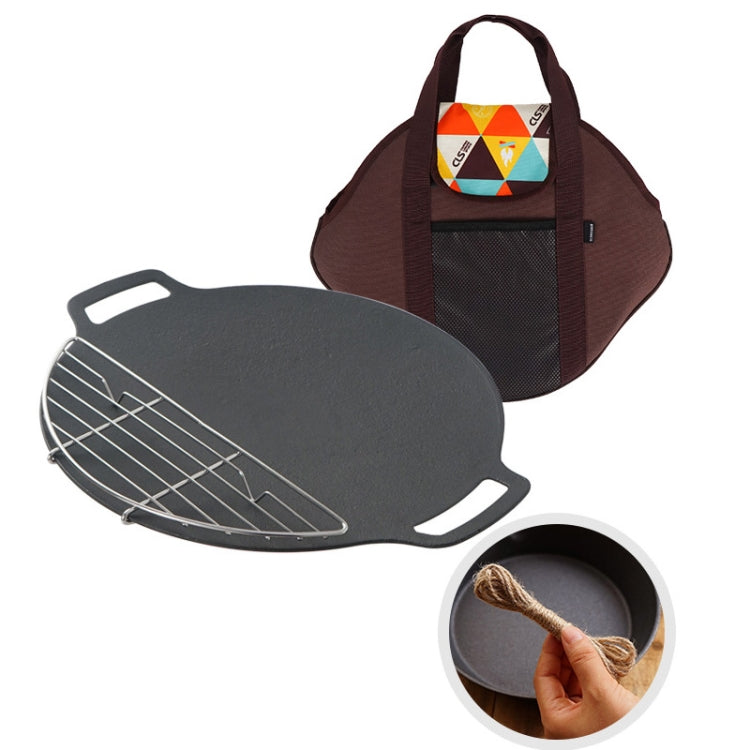 Outdoor Camping BBQ Cast Iron Grill Pan,Style:, Baking Pan Only, Baking Pan+Hemp Rope, Baking Pan+Hemp Rope+Storage Bag, Baking Pan+Net+Hemp Rope, Baking Pan+Net+Hemp Rope+Storage Bag - Shello's Creative Boutique