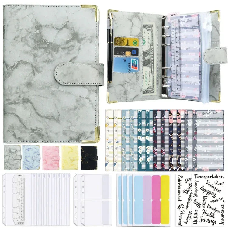 A6 Budget Binder - Marbled PU Leather Planner with Accessories - Shello's Creative Boutique