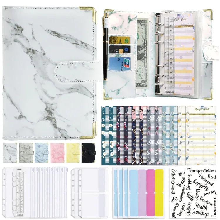 A6 Budget Binder - Marbled PU Leather Planner with Accessories - Shello's Creative Boutique