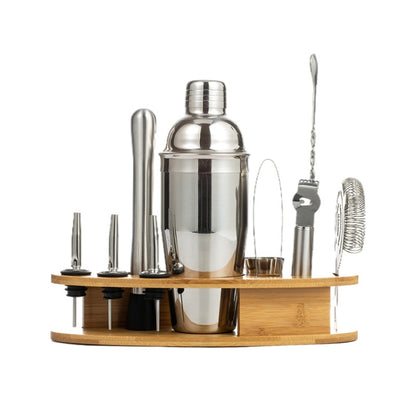11-in-1 Stainless Steel Bartender Set - Professional Bar Tools with Oval Wooden Stand