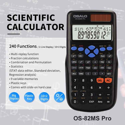 OSALO OS-82MS Pro 240 Functions LCD Screen Solar Dual Power Supply Plug-in Teaching Calculator