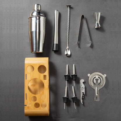 12-in-1 Stainless Steel Bartender Set - Professional Bar Tools with Oval Wooden Stand