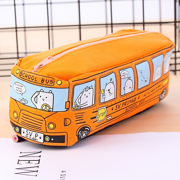 Cartoon Bus Pencil Case - Large Capacity Canvas Stationery Box for Students