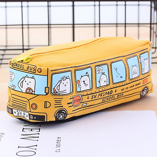 Cartoon Bus Pencil Case - Large Capacity Canvas Stationery Box for Students