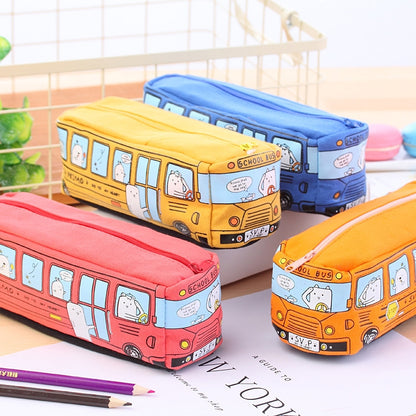 Cartoon Bus Pencil Case - Large Capacity Canvas Stationery Box for Students