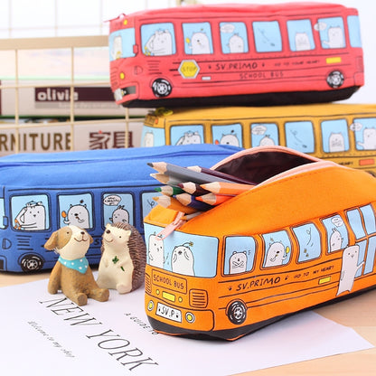 Cartoon Bus Pencil Case - Large Capacity Canvas Stationery Box for Students