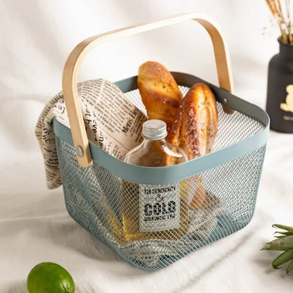 Wooden Handle Mesh Basket Snack Fruit Storage Basket - Shello's Creative Boutique