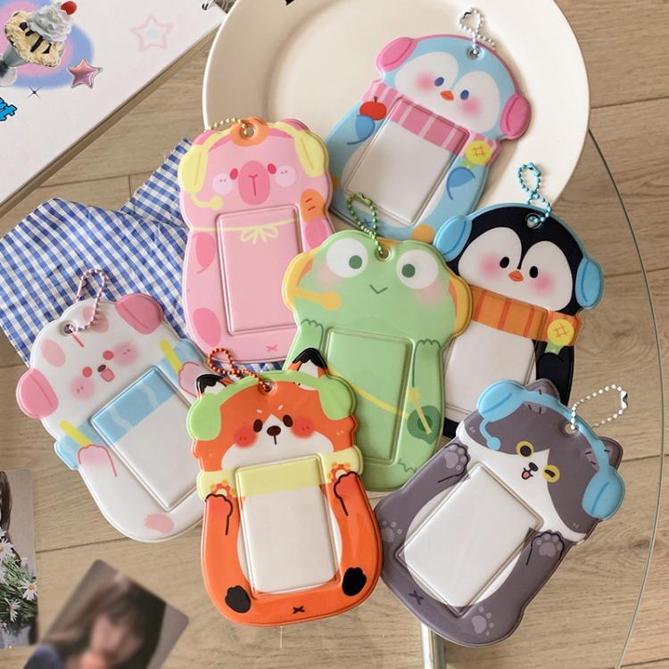 Hisocute Student Cartoon PVC Transparent Card Holder Cute Animal 3-Inch Idol Album Photo Card Case, White Bunny, Pink Bear, Green Frog