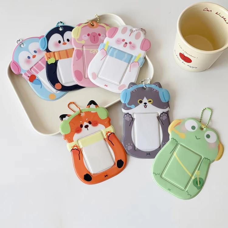 Hisocute Student Cartoon PVC Transparent Card Holder Cute Animal 3-Inch Idol Album Photo Card Case, White Bunny, Pink Bear, Green Frog