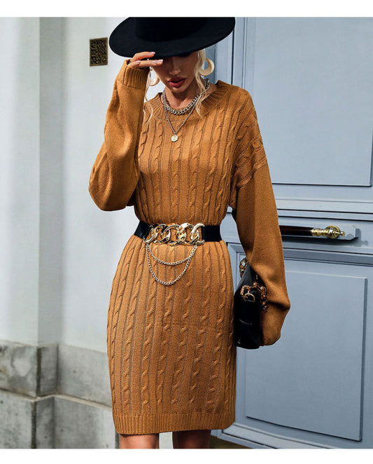Knit Solid Color Long Sleeve Round Neck Linen Pattern Sweater Dress Shello's Creative Boutique