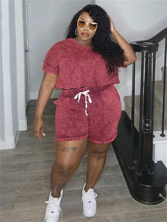 Plus Size Casual Two-Piece Set - Solid Top & Shorts by Wmstar - Shello's Creative Boutique